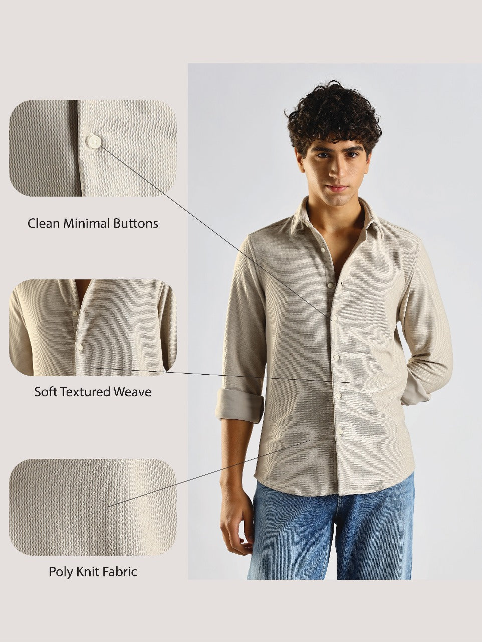 Textured Poly Knit Shirt Cream