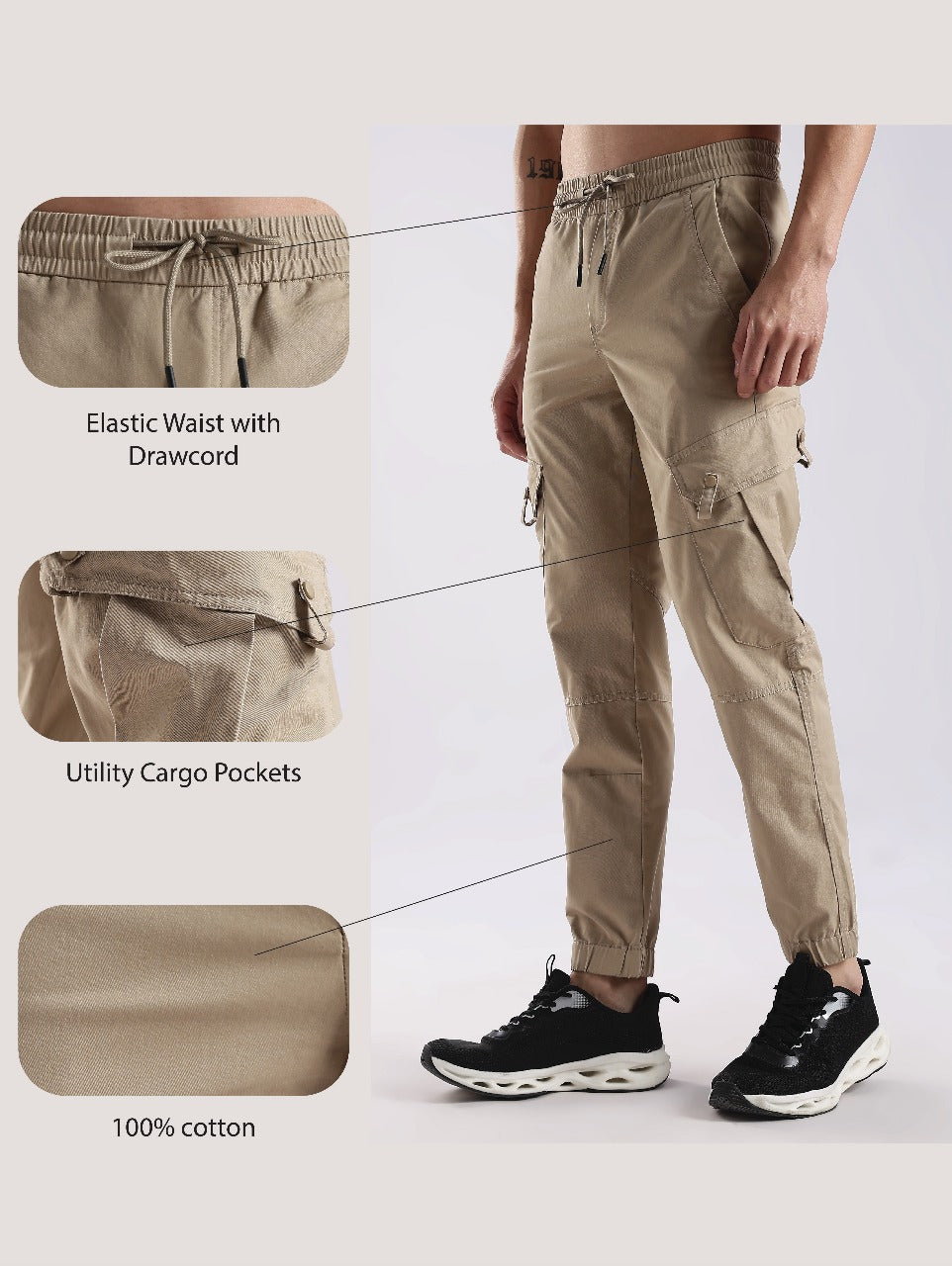 100% Cotton Slim Fit Cargo Pants Beige