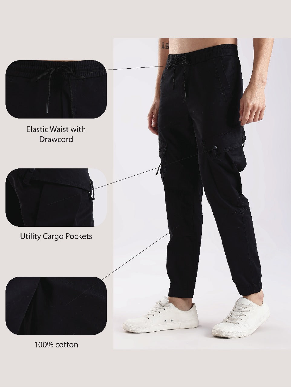 100% Cotton Slim Fit Cargo Pants Black