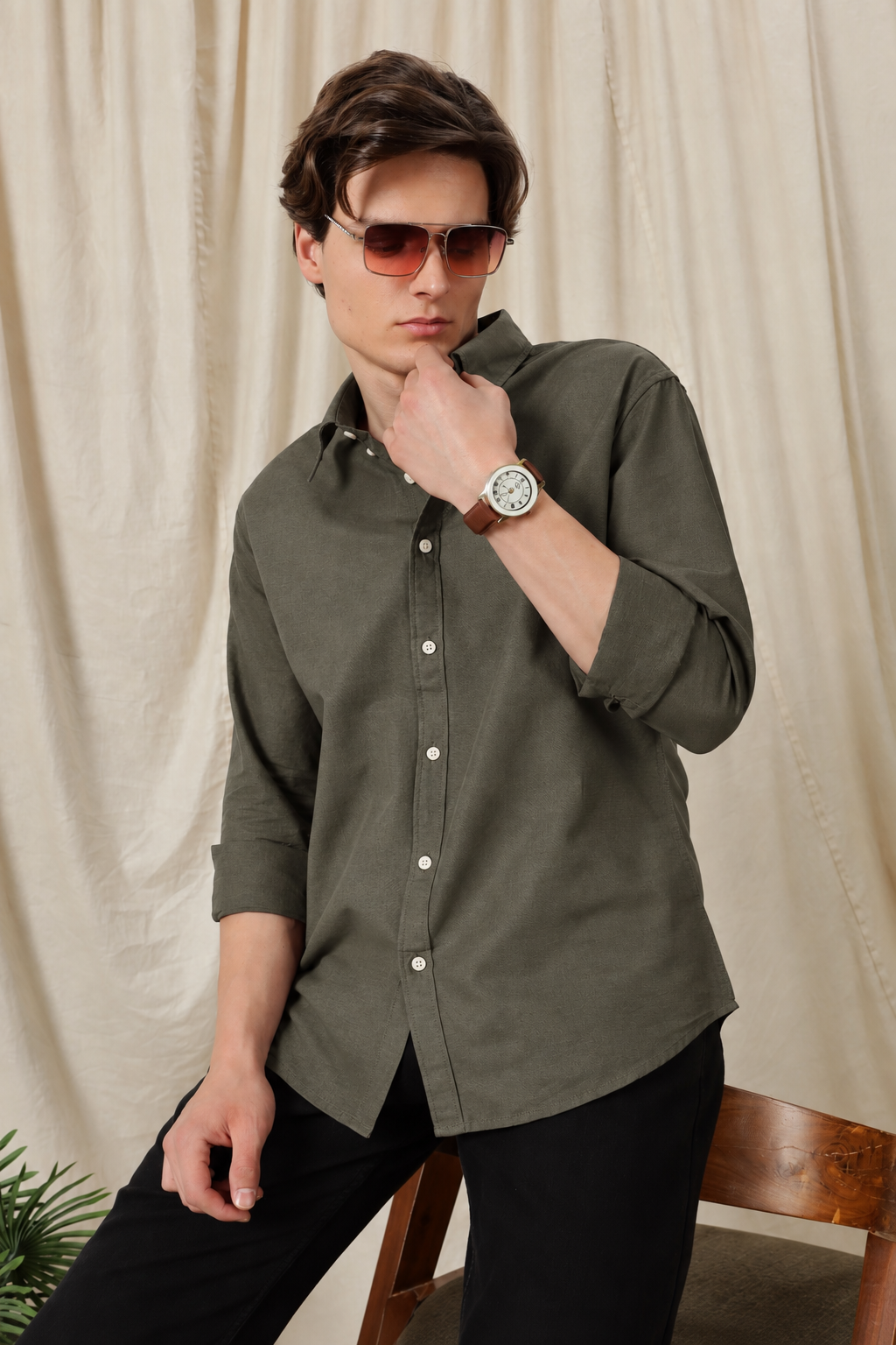 Men's Dark Green Relaxed Fit Cotton Shirt