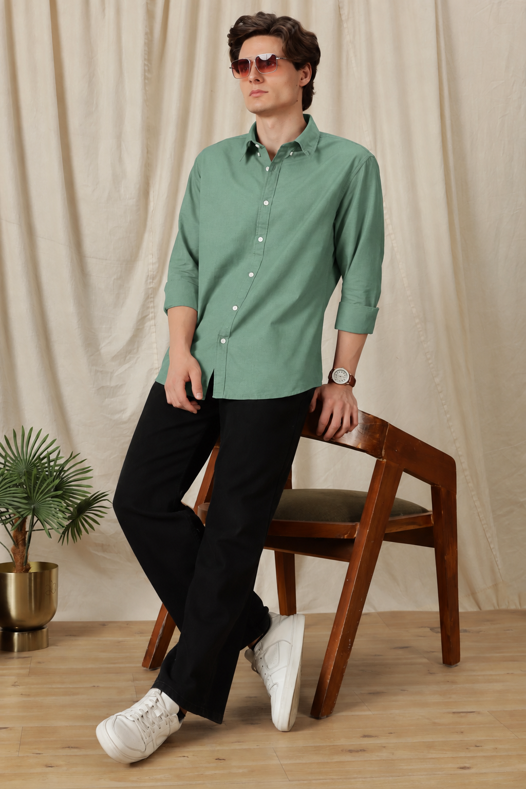 Men's Pista Green Relaxed Fit Cotton Shirt