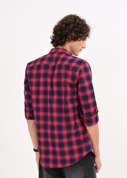 Indigo-Dyed 100% Cotton Check Shirt Maroon
