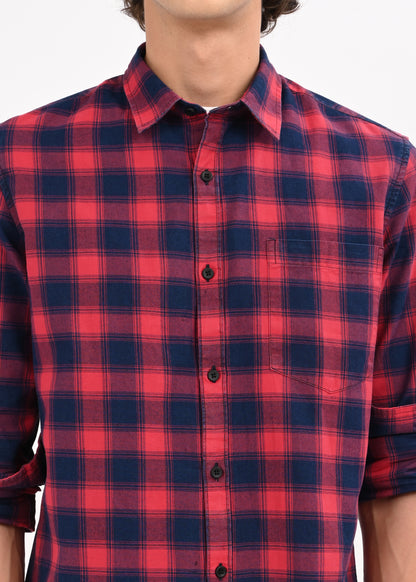 Indigo-Dyed 100% Cotton Check Shirt Maroon