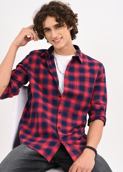 Indigo-Dyed 100% Cotton Check Shirt Maroon