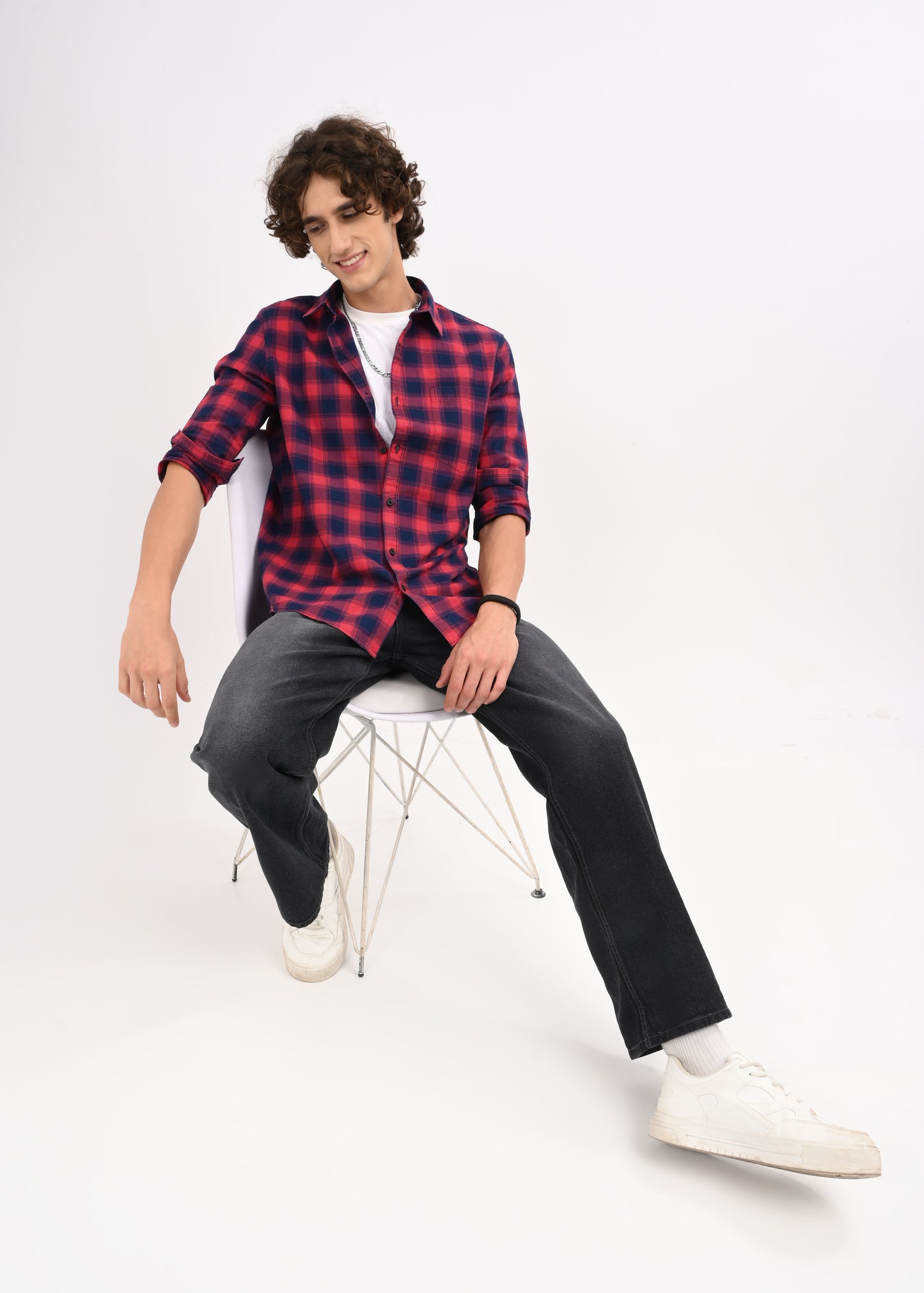 Indigo-Dyed 100% Cotton Check Shirt Marron