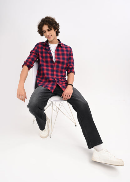 Indigo-Dyed 100% Cotton Check Shirt Maroon