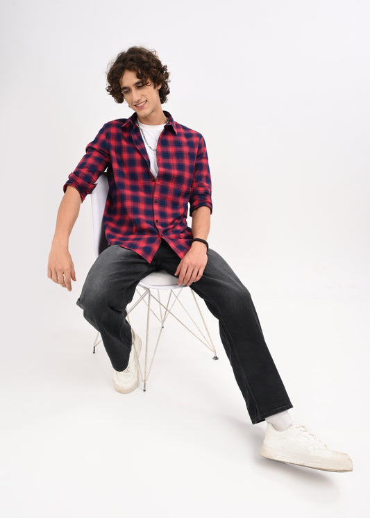 Indigo-Dyed 100% Cotton Check Shirt Marron