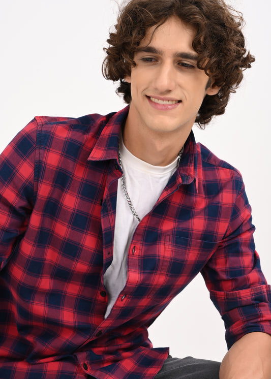 Indigo-Dyed 100% Cotton Check Shirt Maroon