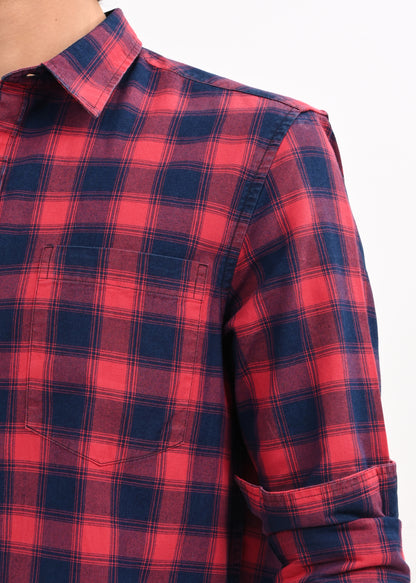 Indigo-Dyed 100% Cotton Check Shirt Maroon