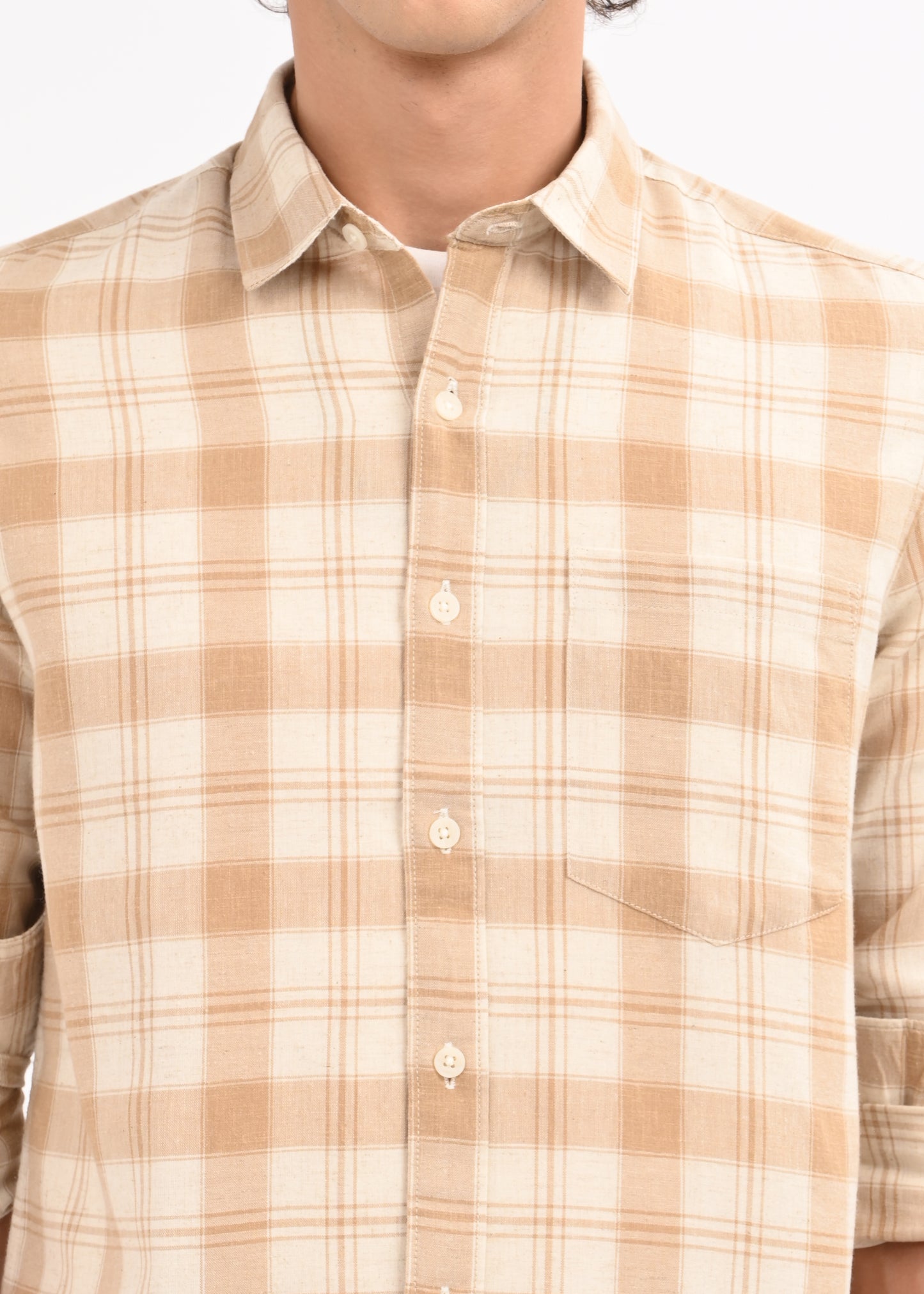 Linen-Cotton Check Shirt Beige