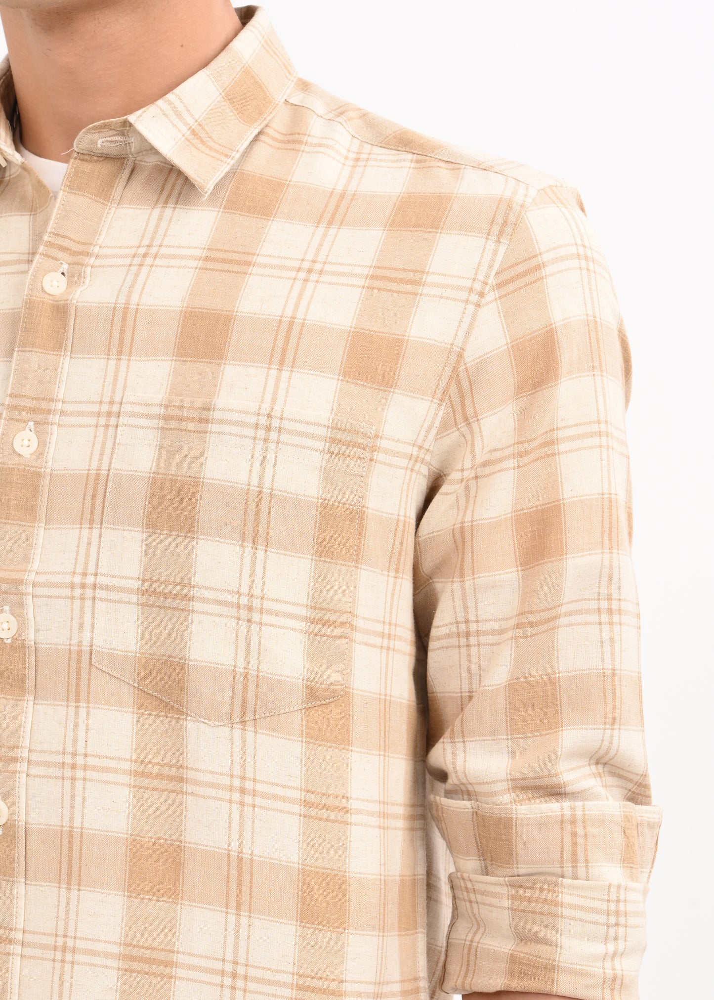 Linen-Cotton Check Shirt Beige