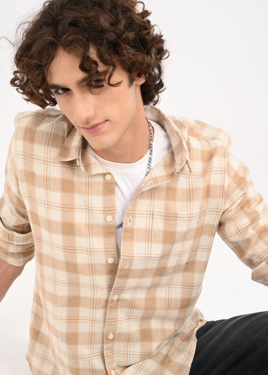 Linen-Cotton Check Shirt Beige