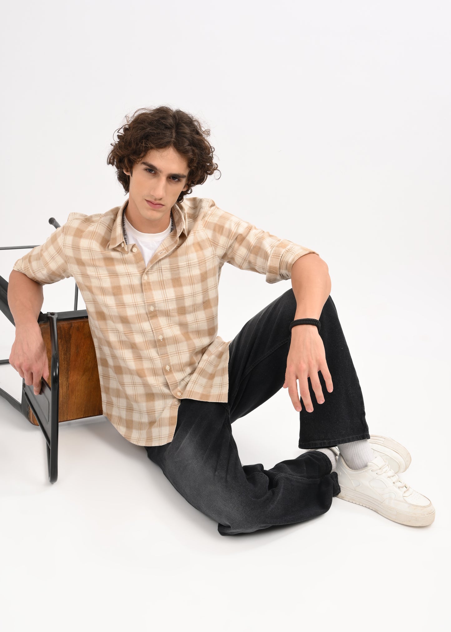 Linen-Cotton Check Shirt Beige
