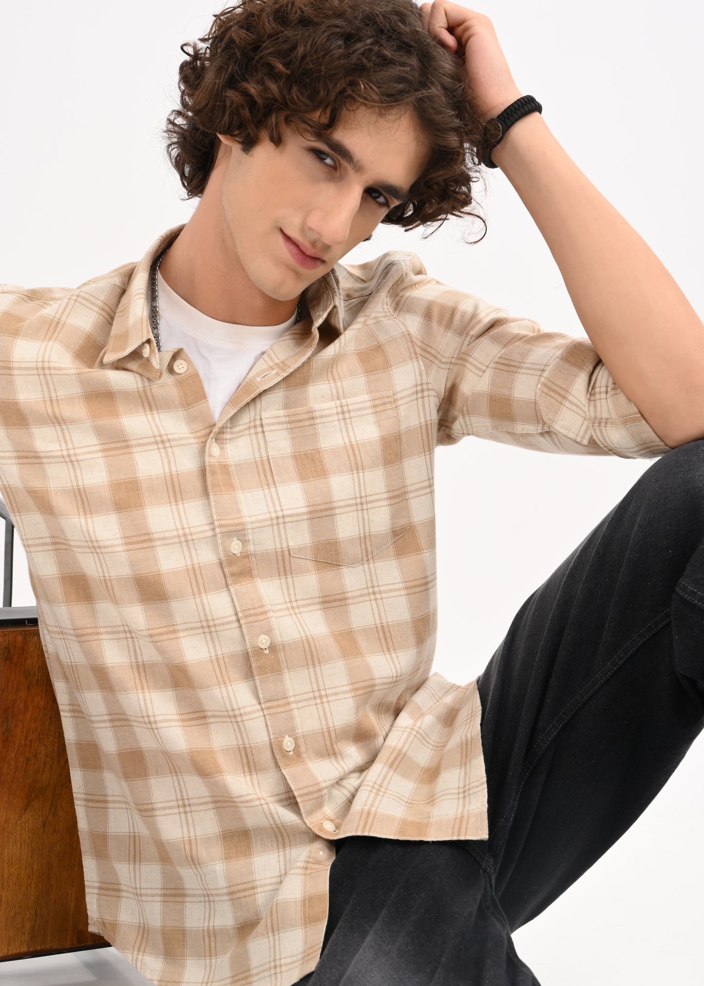 Linen-Cotton Check Shirt Beige