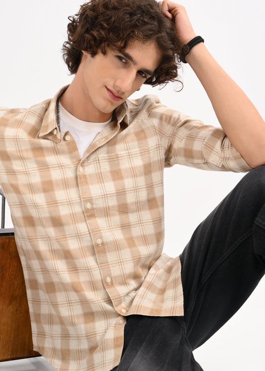 Linen-Cotton Check Shirt Beige