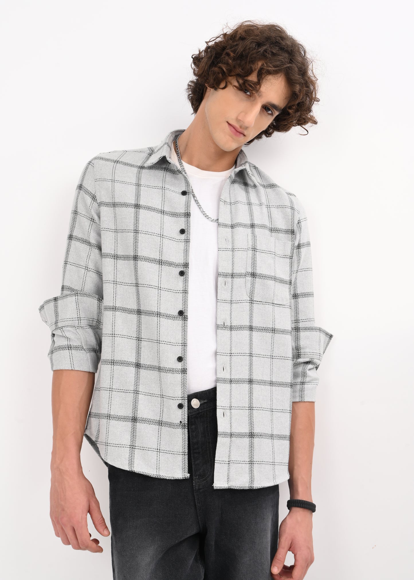 Check Shirt in Poly Cotton Lt Grey