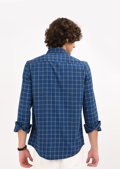 Indigo-Dyed 100% Cotton Check Shirt Dk Navy