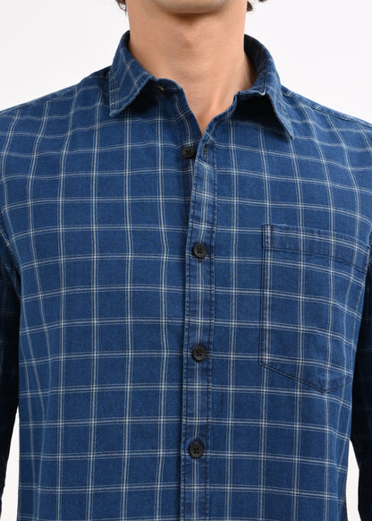 Indigo-Dyed 100% Cotton Check Shirt Dk Navy