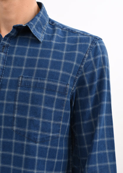 Indigo-Dyed 100% Cotton Check Shirt Dk Navy