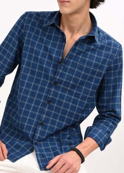 Indigo-Dyed 100% Cotton Check Shirt Dk Navy