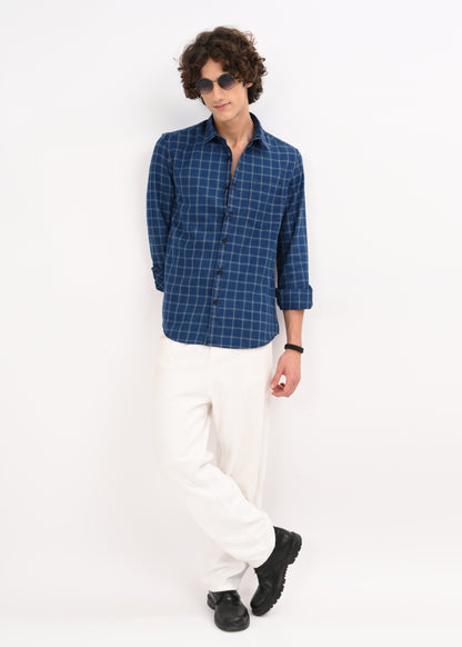 Indigo-Dyed 100% Cotton Check Shirt Dk Navy