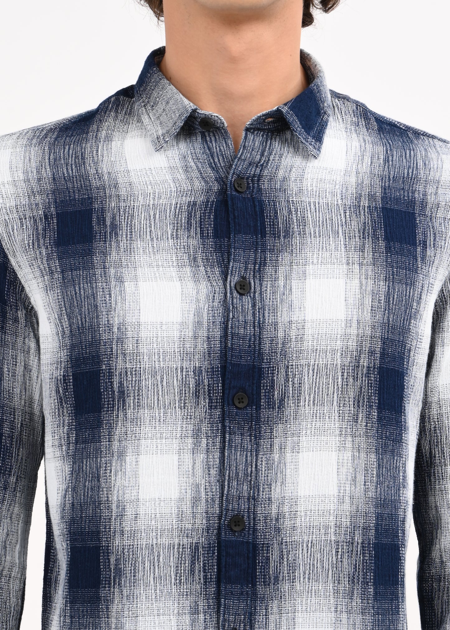 Textured Indigo Dobby Check Shirt White