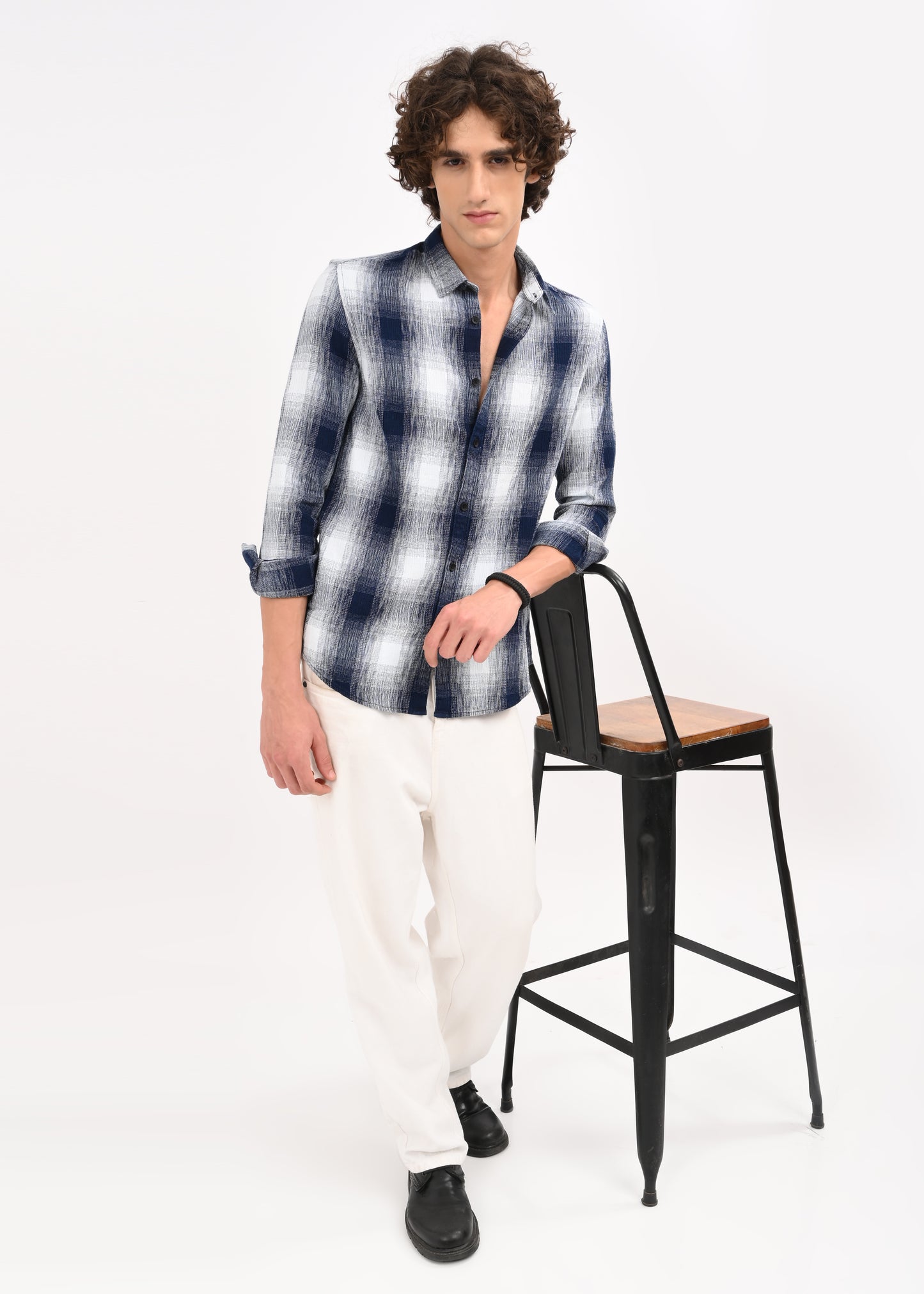 Textured Indigo Dobby Check Shirt White