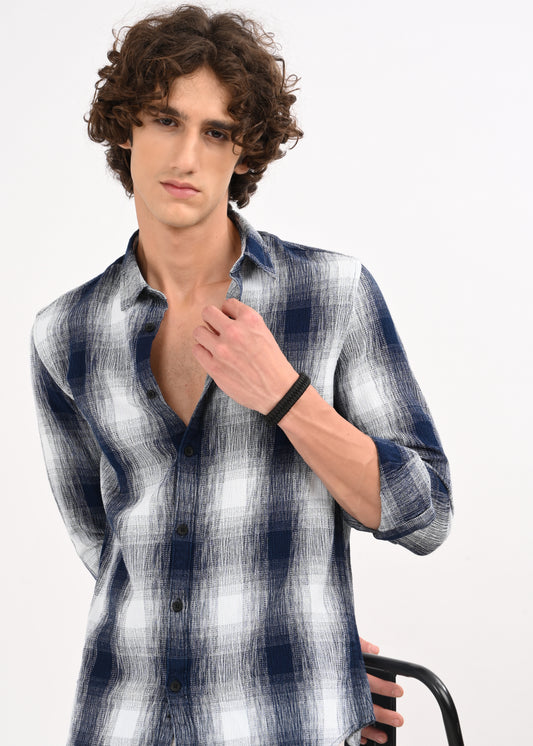 Textured Indigo Dobby Check Shirt White