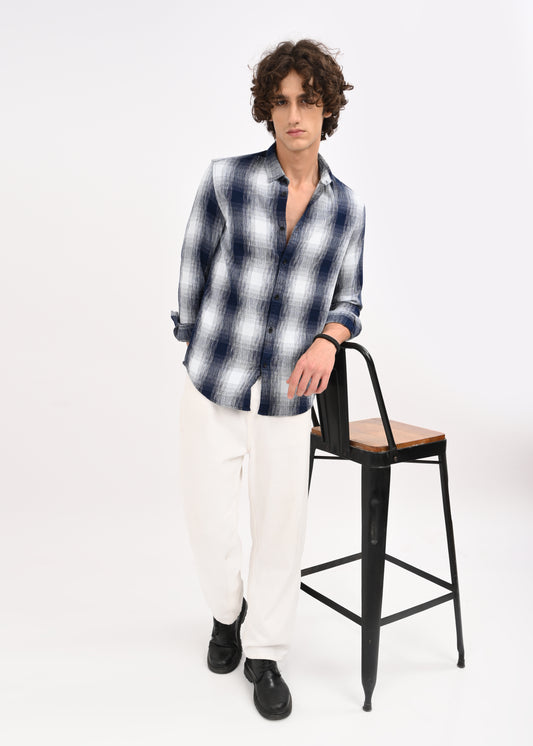 Textured Indigo Dobby Check Shirt White