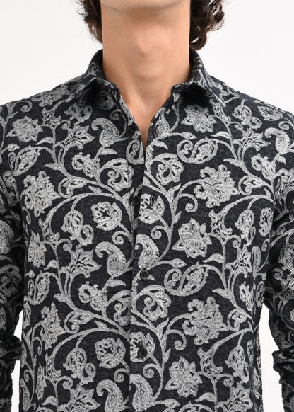 Floral Printed Self-Jacquard Shirt White