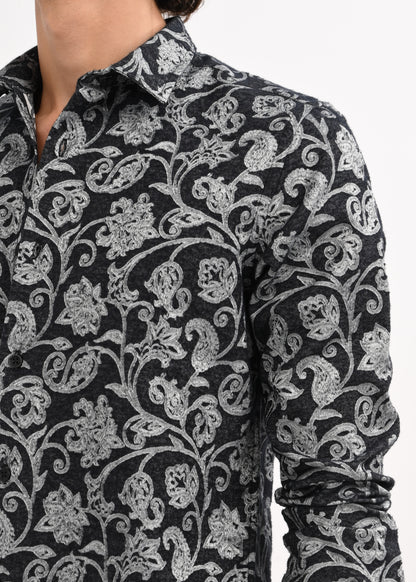 Floral Printed Self-Jacquard Shirt White