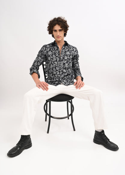 Floral Printed Self-Jacquard Shirt White