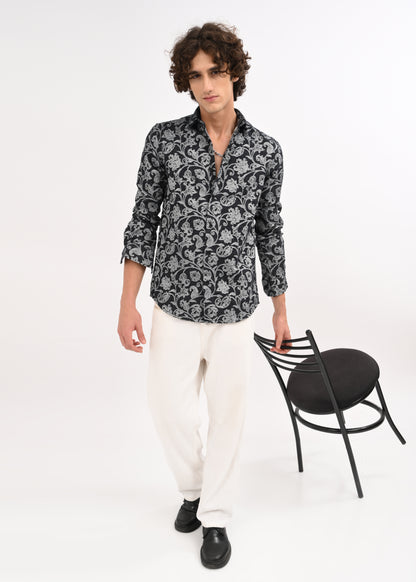 Floral Printed Self-Jacquard Shirt White