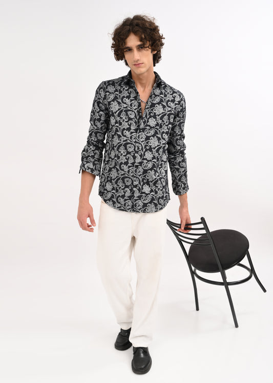 Floral Printed Self-Jacquard Shirt White