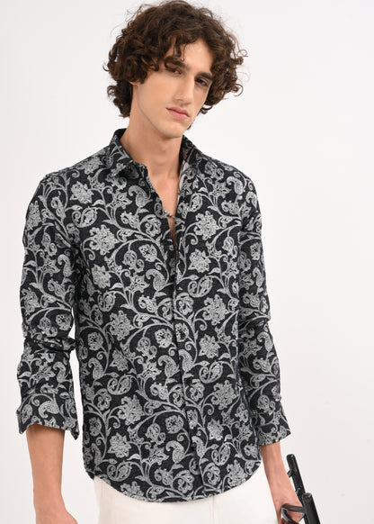 Floral Printed Self-Jacquard Shirt White