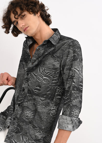 Floral Printed Self-Jacquard Shirt Black