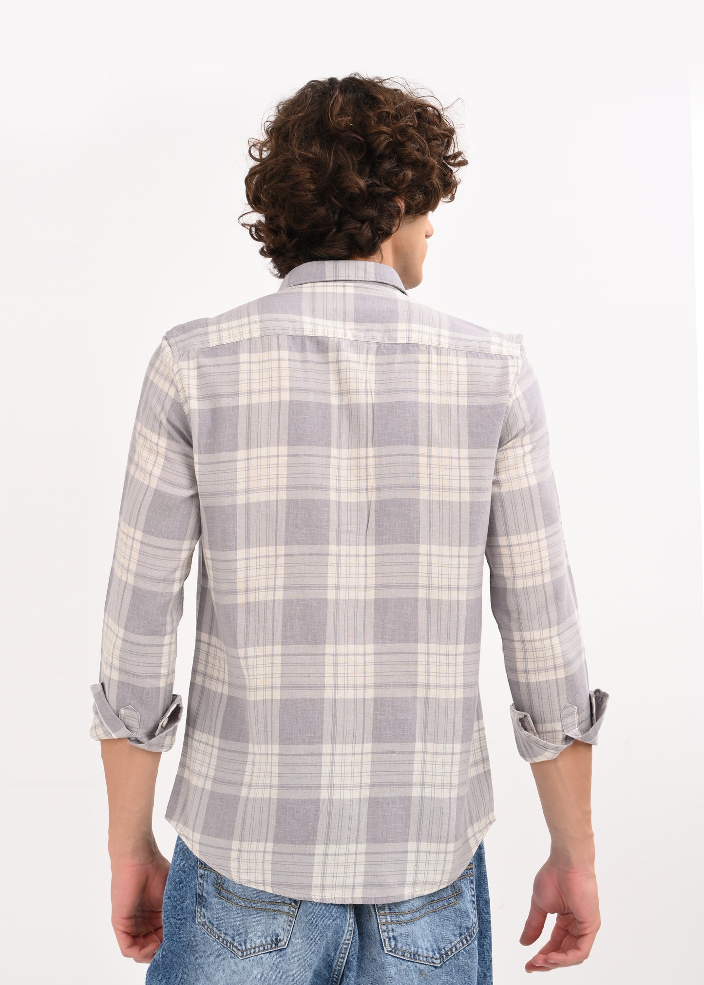 Linen-Cotton Check Shirt Grey