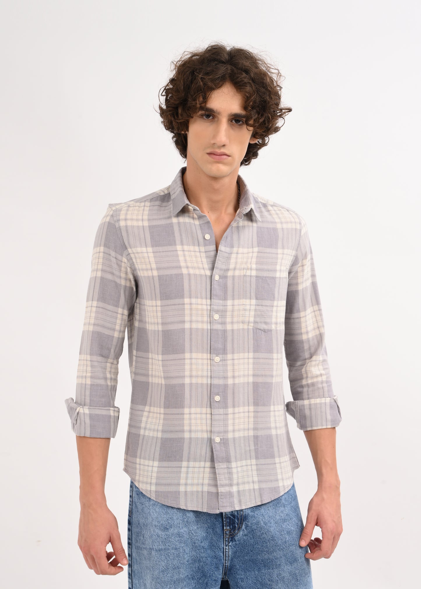 Linen-Cotton Check Shirt Grey