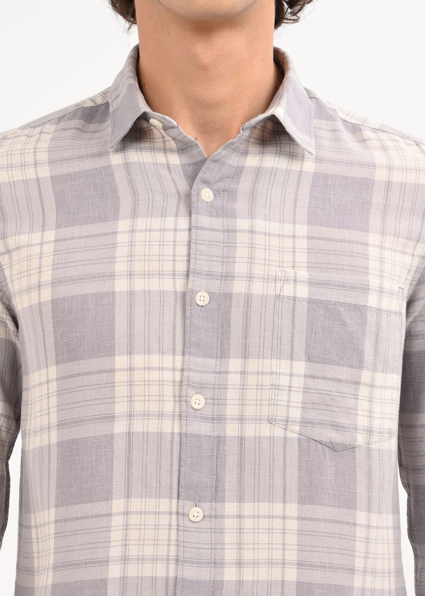 Linen-Cotton Check Shirt Grey
