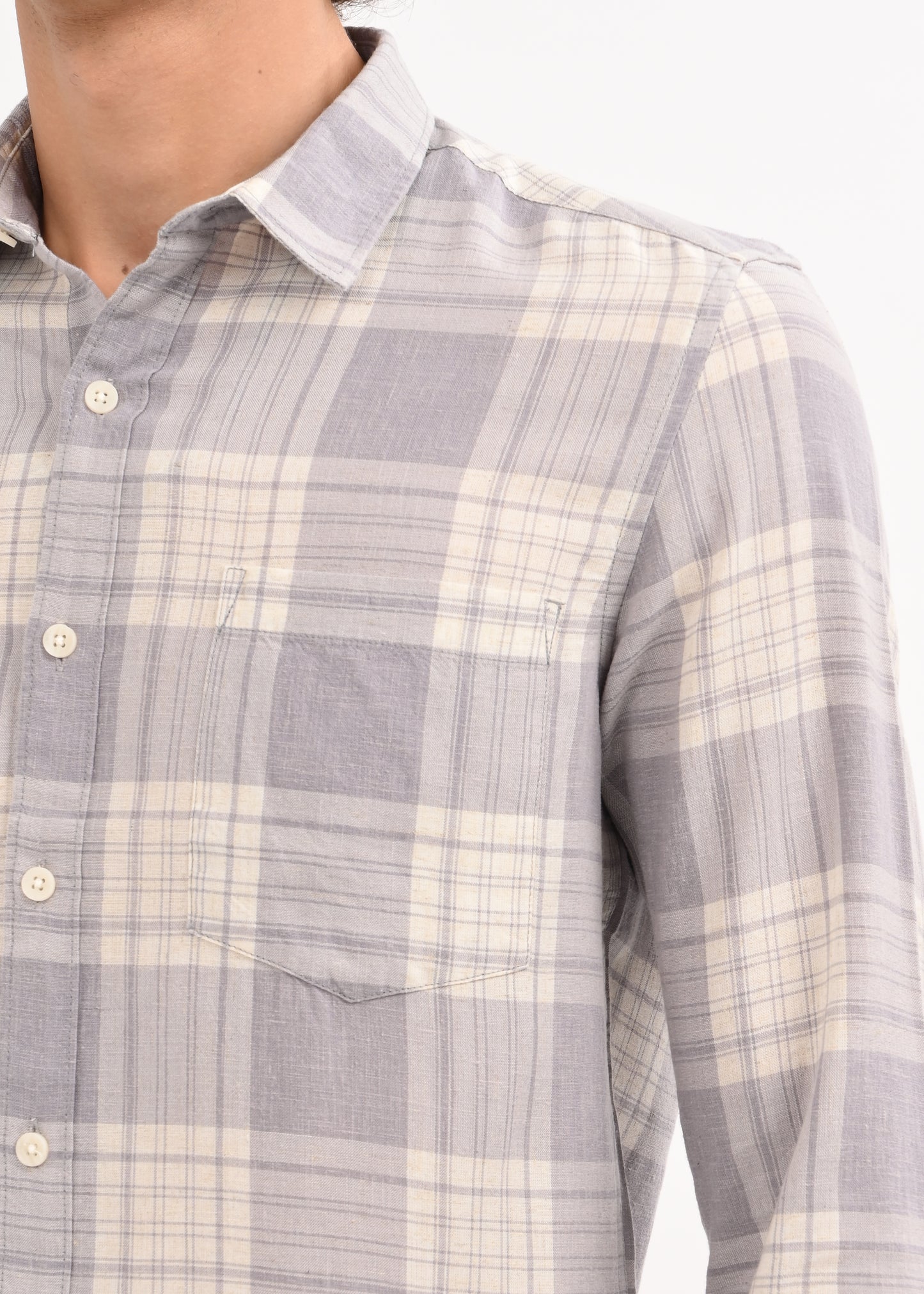 Linen-Cotton Check Shirt Grey