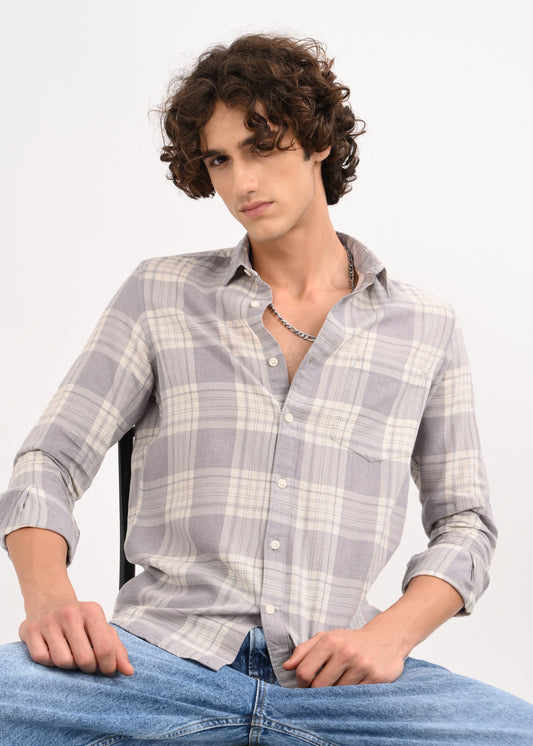 Linen-Cotton Check Shirt Grey