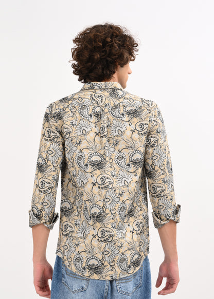 Floral Printed Self-Jacquard Shirt Cream
