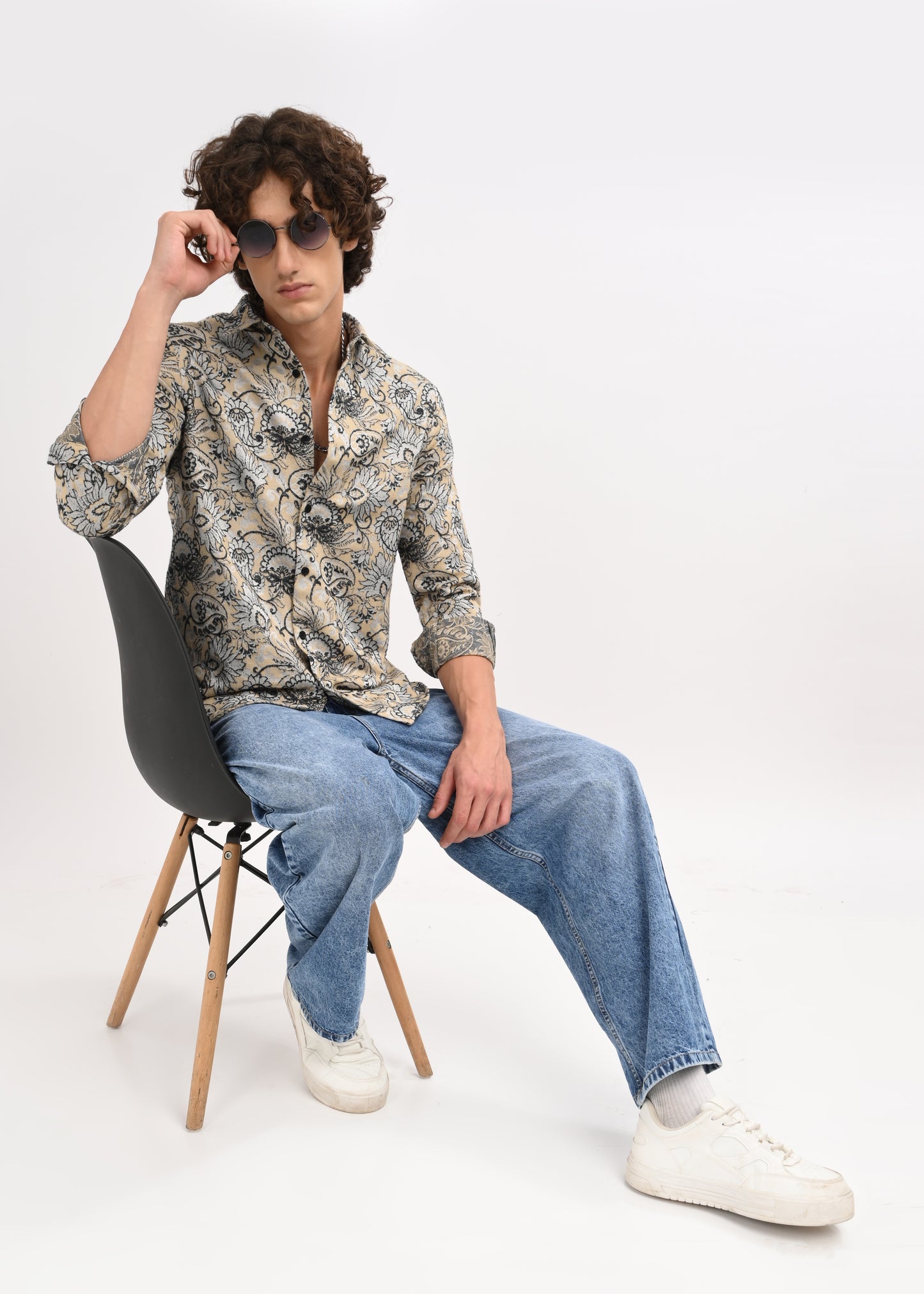 Floral Printed Self-Jacquard Shirt Cream