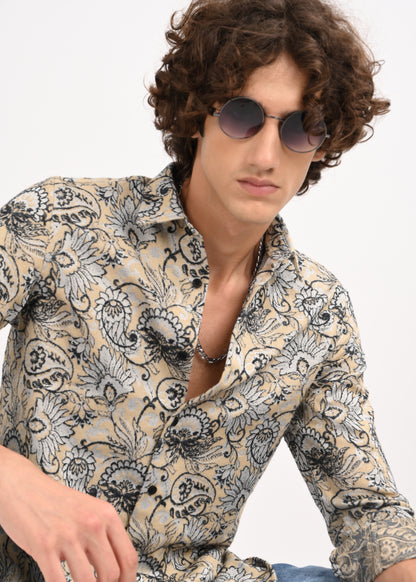 Floral Printed Self-Jacquard Shirt Cream