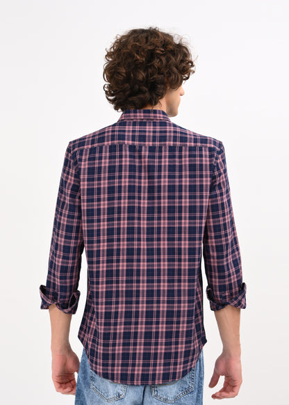 Indigo-Dyed 100% Cotton Check Shirt Pink