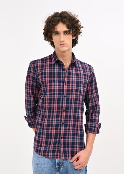 Indigo-Dyed 100% Cotton Check Shirt Pink