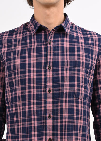Indigo-Dyed 100% Cotton Check Shirt Pink