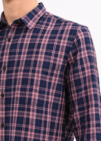 Indigo-Dyed 100% Cotton Check Shirt Pink