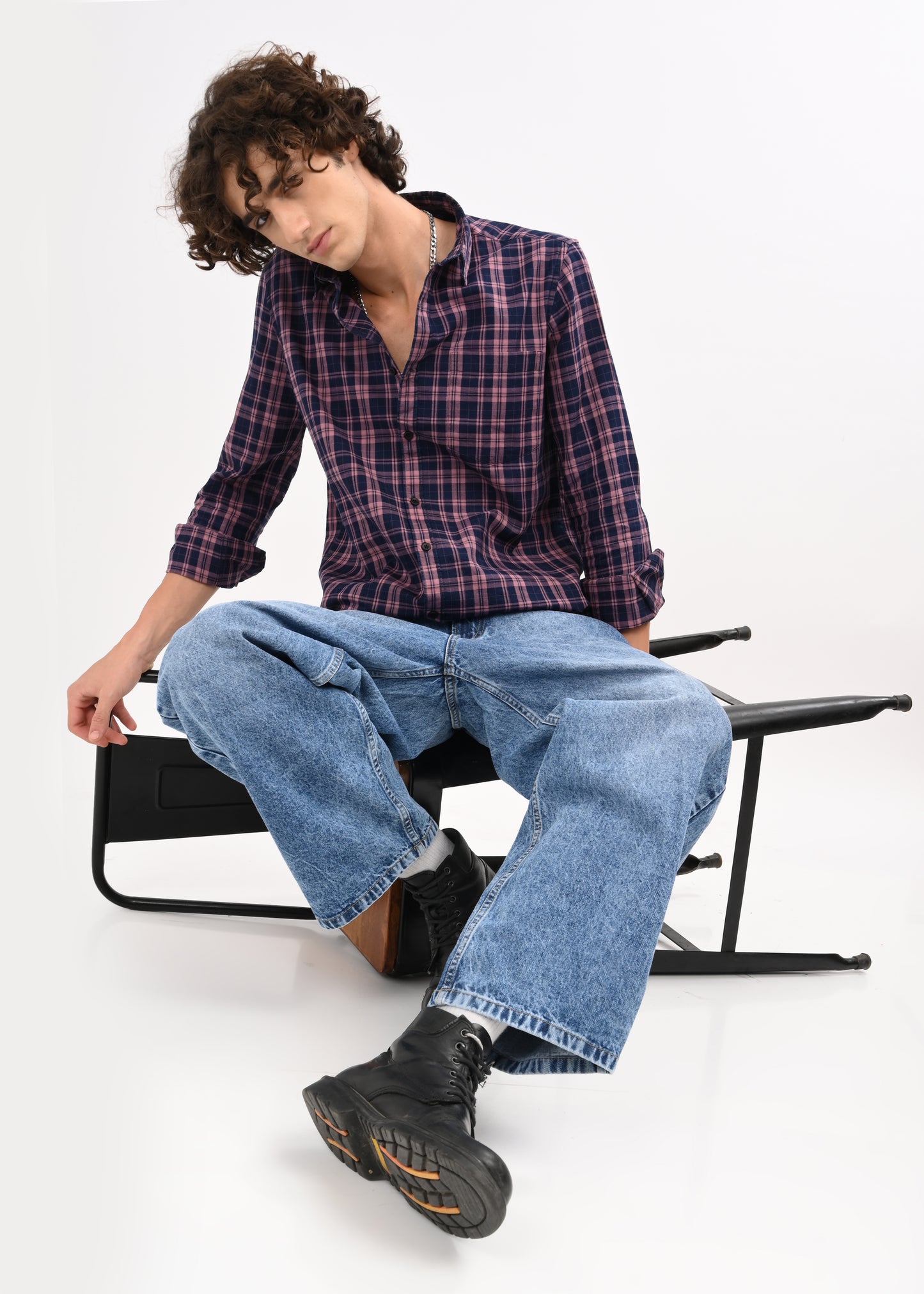 Indigo-Dyed 100% Cotton Check Shirt Pink