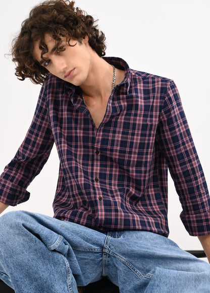 Indigo-Dyed 100% Cotton Check Shirt Pink